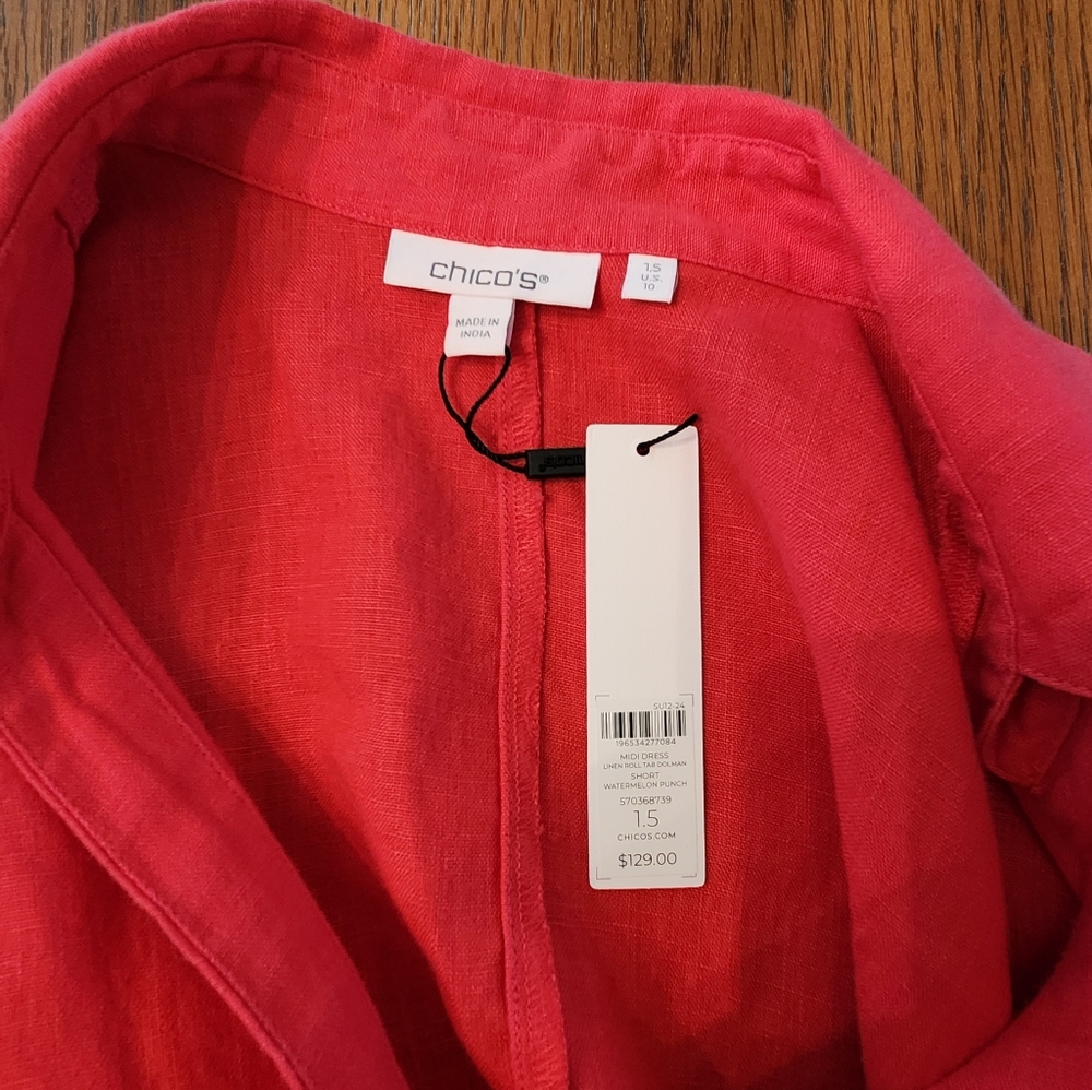 NEW Chicos Linen Roll Tab Sleeve Midi Dress in Watermelon Punch Size 1.5 US 10 - Picture 6 of 10